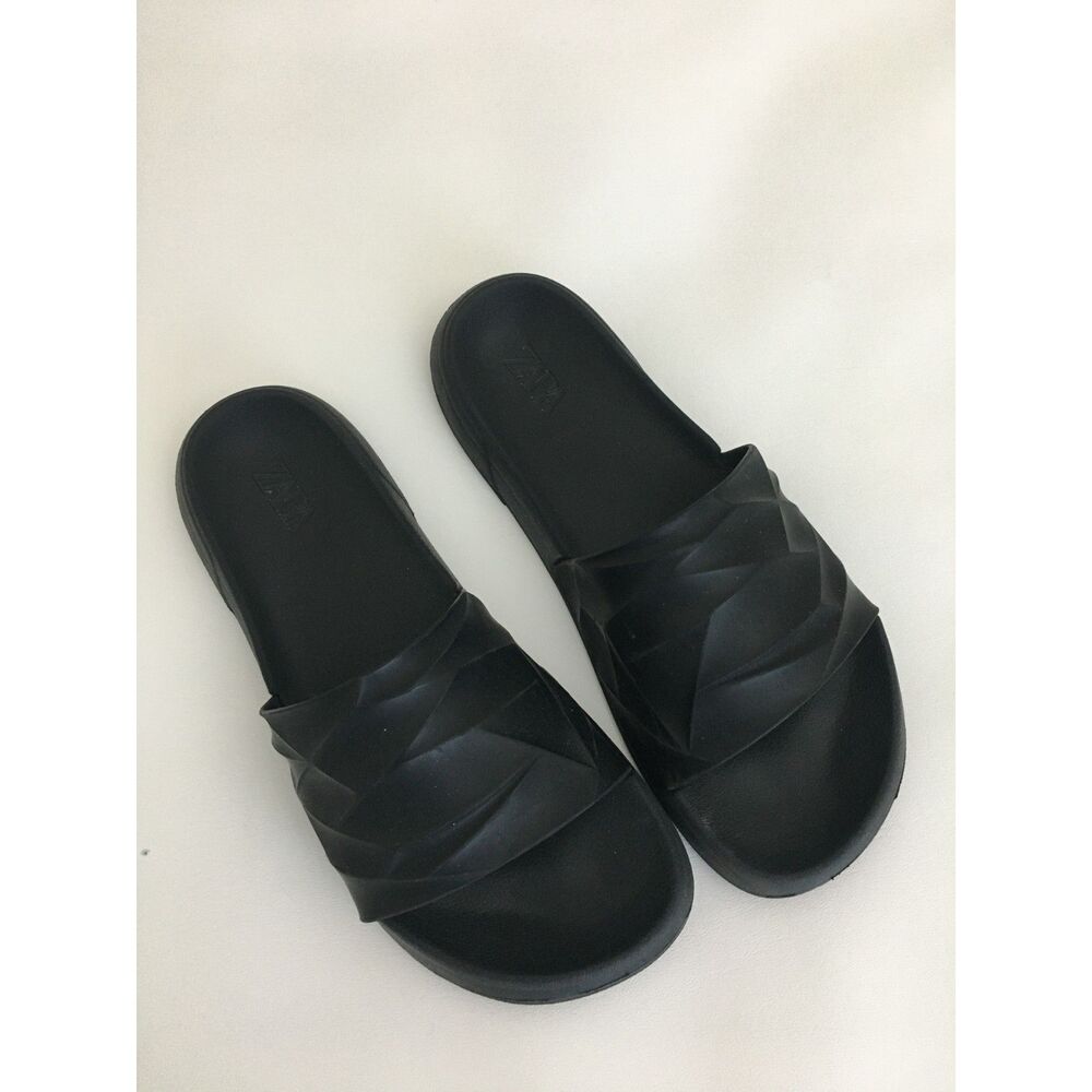 ZARA Men Black Slide Sandals EU 43 US 10 Geometric Strap Slip On Pool Beach